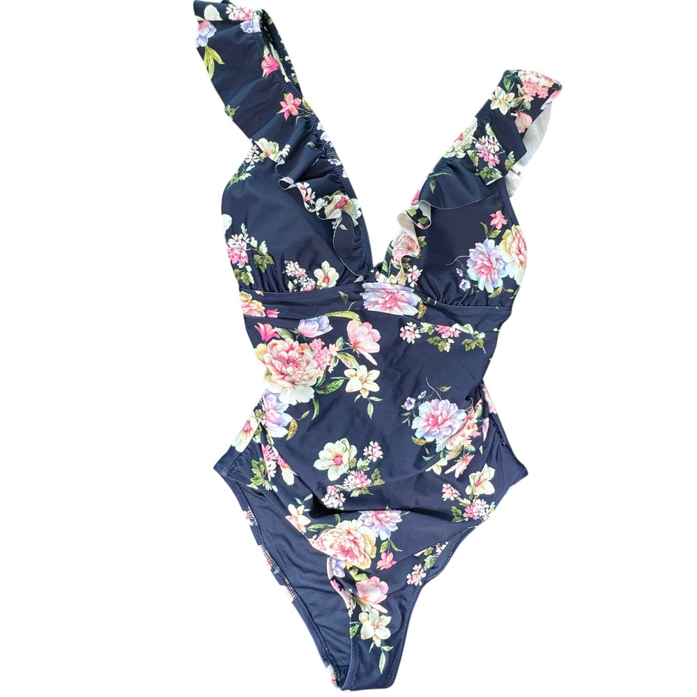 Cupshe Navy Floral Ruffle V-Neck One Piece Swimsuit Lace Up Back NWT Size M